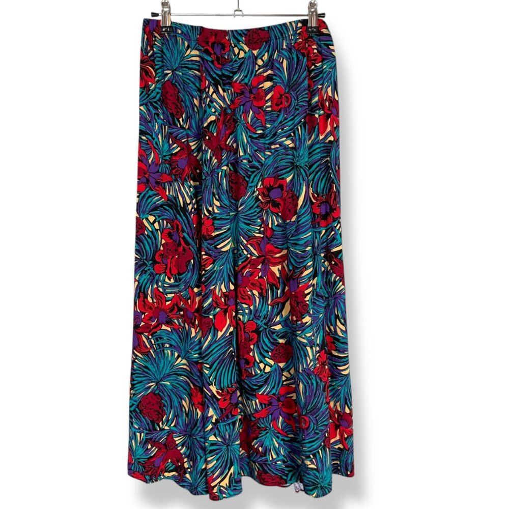 Vintage Skirt Tropical Floral Elastic Waistband Blue Red Eclectic Maximalist 80s